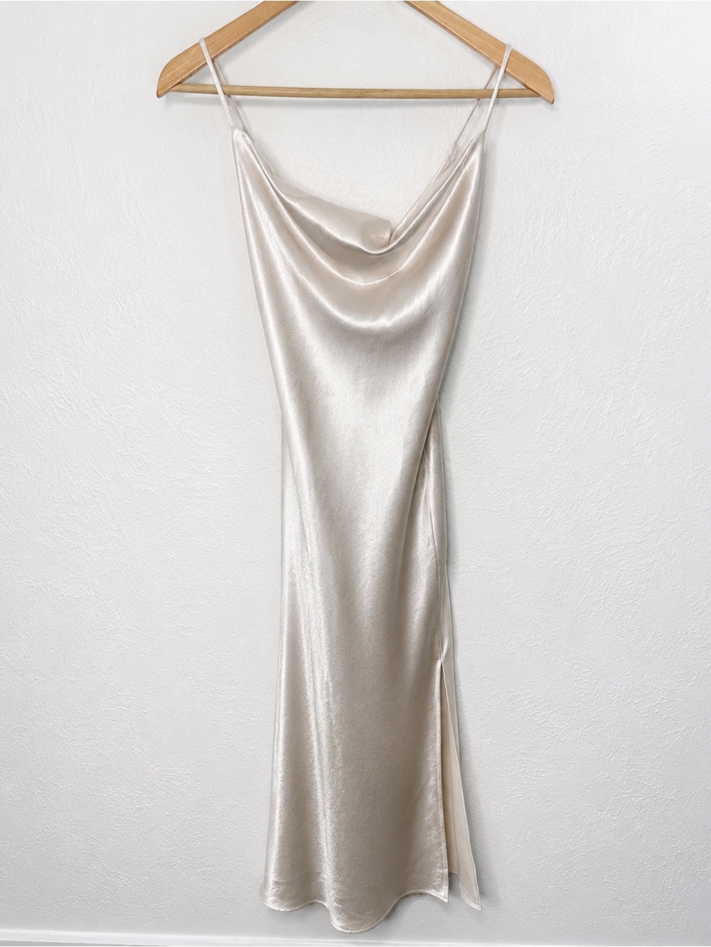 Altar’d State Satin Slip Dress Medium Champagne Cowl Neck Midi Formal Wedding - Picture 1 of 7